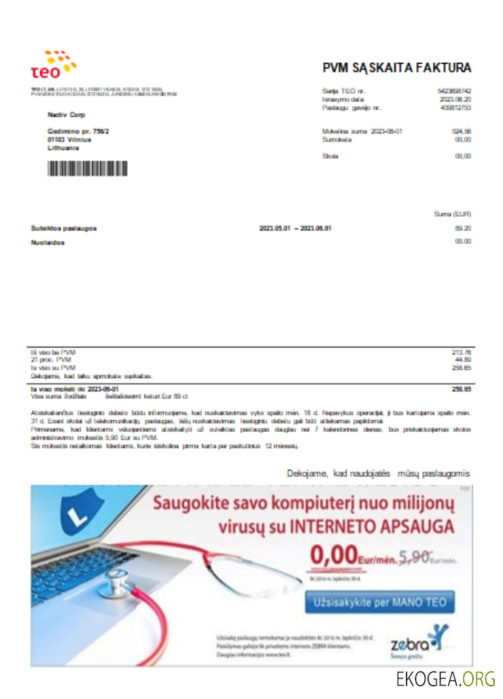 Facture commerciale de service public Teo LT, SCR